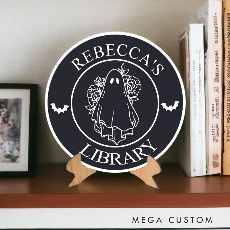 Personalized 3D Printed Flower Ghost Library Sign Halloween Name Bookish Decor with Stand Spooky Book Nook Decor Book Lover Gift Librarian Gift