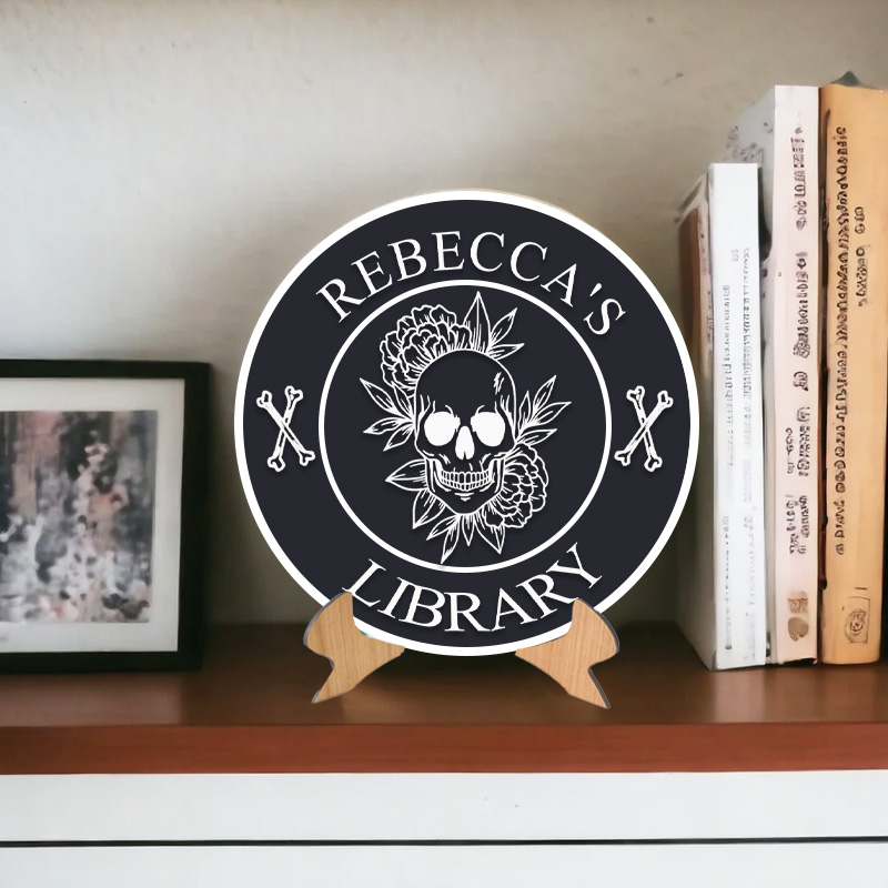 Personalized 3D Printed Flower Skull Library Sign Halloween Name Bookish Decor with Stand Skull Book Nook Decor Book Lover Gift Librarian Gift