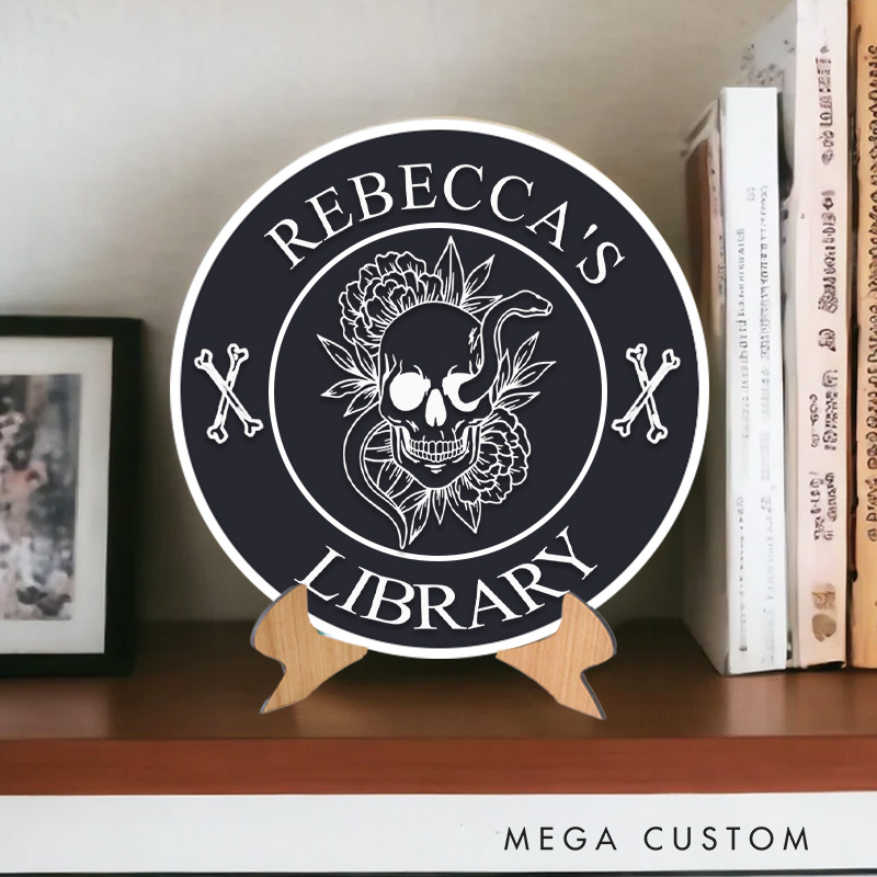 Personalized 3D Printed Flower Skull and Serpent Library Sign Halloween Name Bookish Decor with Stand Book Nook Decor Book Lover Gift Librarian Gift