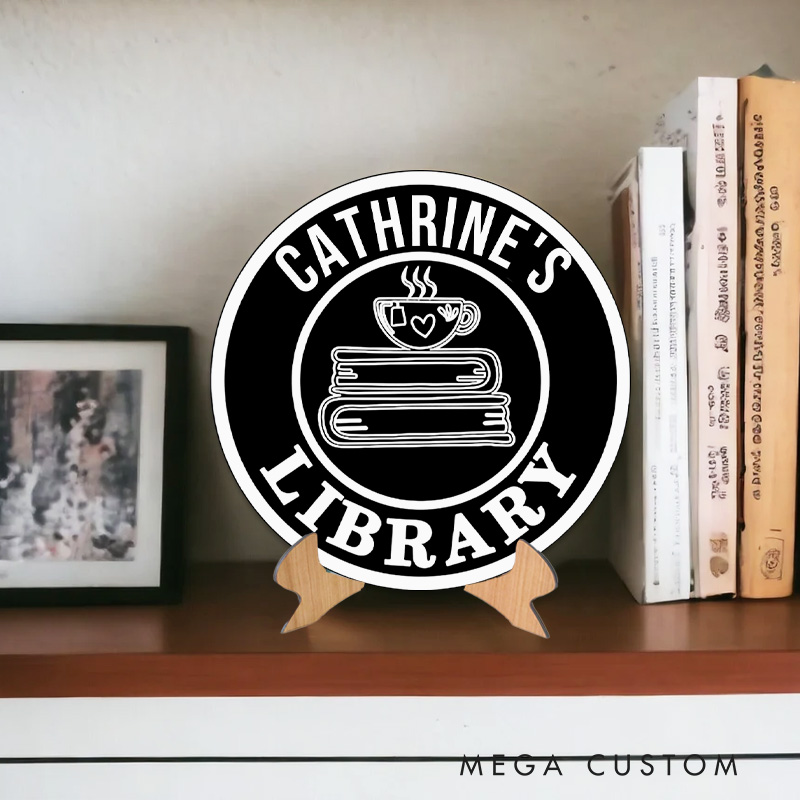 Personalized Book and Coffee Library Sign 3D Printed Name Book Nook Decor with Stand Bookshelf Sign for Readers Book Lover Gift Librarian Gift