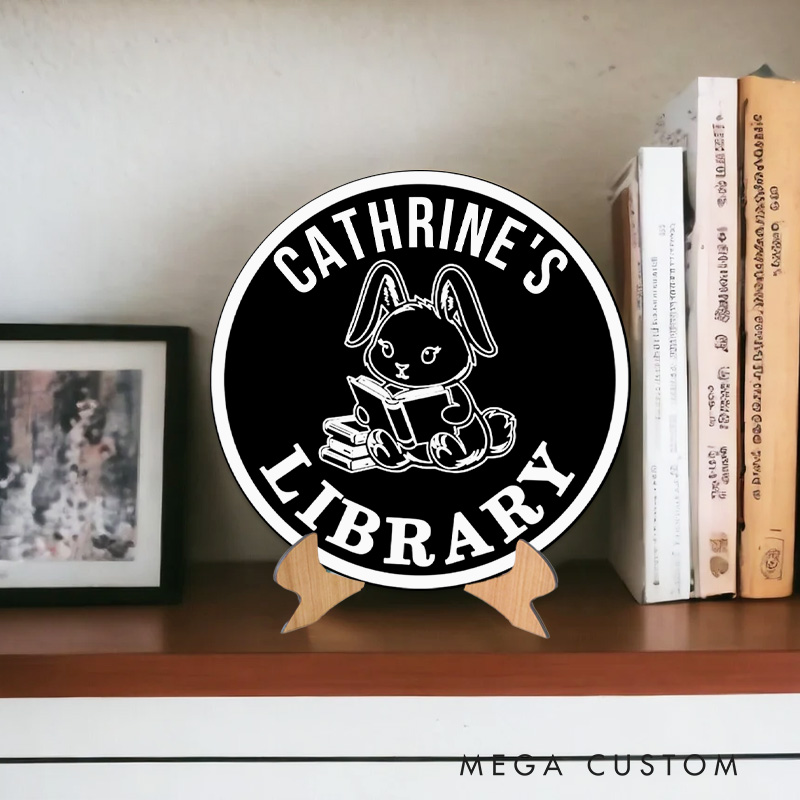 Personalized Rabbit Reading Library Sign 3D Printed Name Book Nook Decor with Stand Bookshelf Sign for Readers Book Lover Gift Librarian Gift