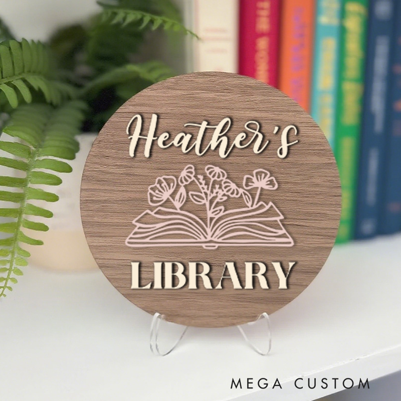 Personalized Flower Book Library Sign Custom Name Bookshelf Decor with Stand Book Nook Sign Library Sign for Book Lover Gift Librarian Gift