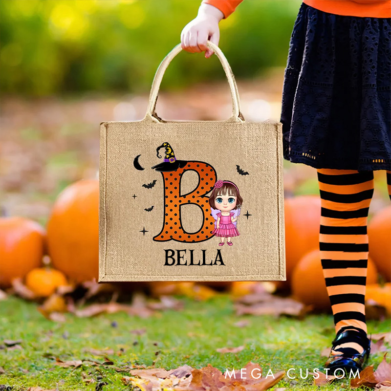 Personalized Cartoon Vampire Witch Trick or Treat Jute Tote Bag with Name and Initial Halloween Spooky Season Gift for Boys Girls