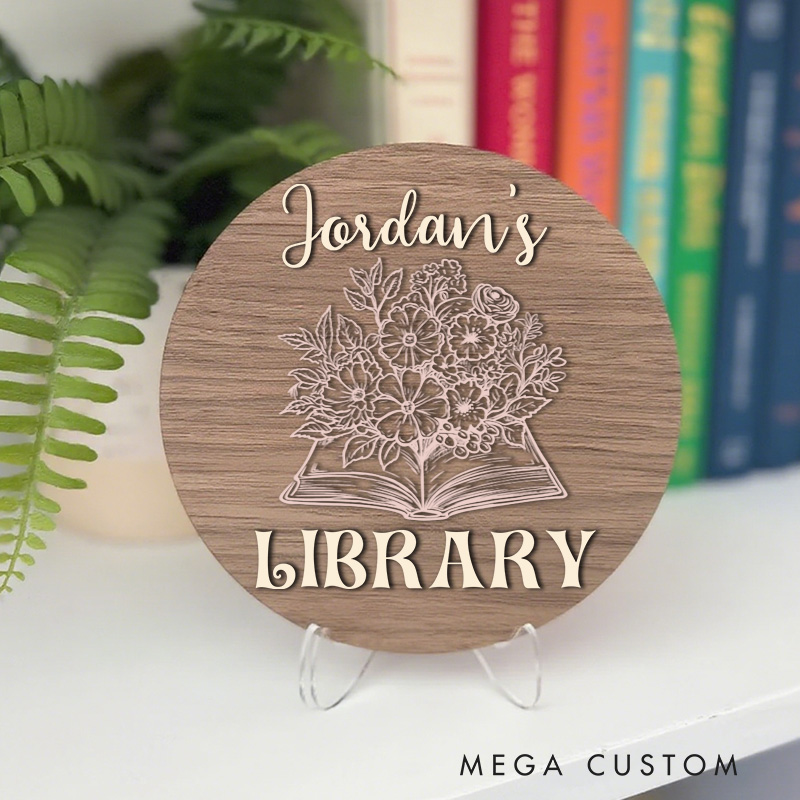Personalized Wooden Library Sign Custom Bookshelf Decor with Stand Name Book Nook Sign Library Sign for Bookish Book Lover Gift Librarian Gift