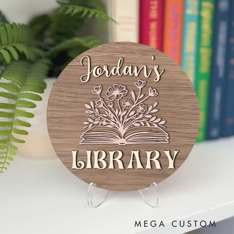 Personalized Flower Book Library Sign Custom Wooden Bookshelf Decor with Stand Name Book Nook Sign Library Sign Book Lover Gift Librarian Gift