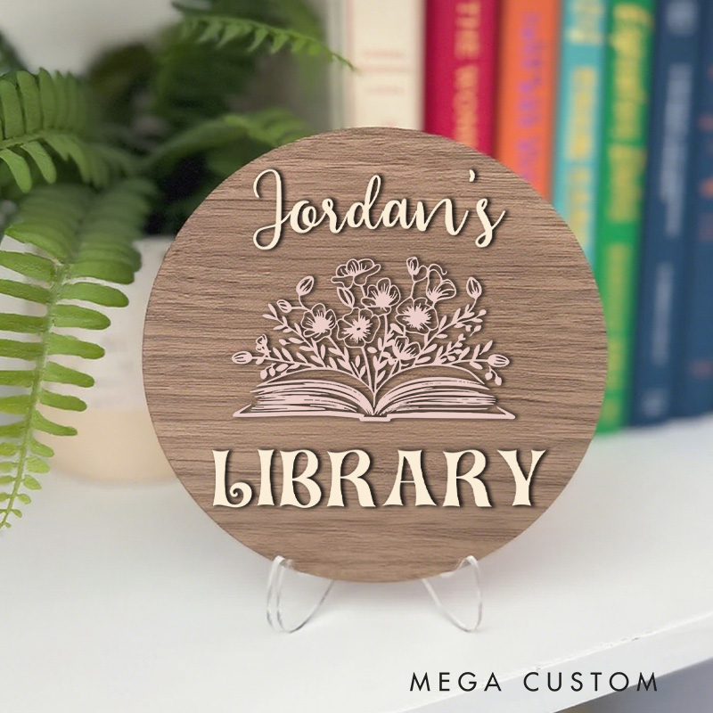 Personalized Opened Book and Flower Library Sign Custom Bookshelf Decor with Stand Wooden Name Book Nook Sign Library Sign Book Lover Gift Librarian Gift