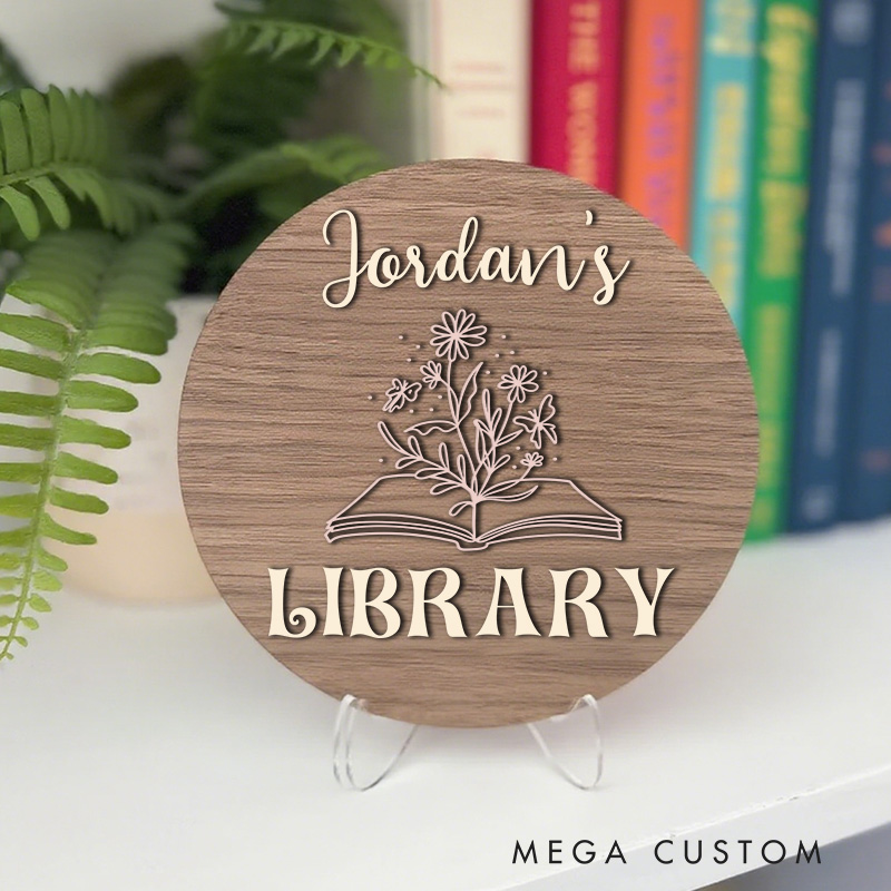 Personalized Flower Book Library Sign Custom Name Bookshelf Decor with Stand Wooden Library Sign Book Nook Sign for Book Lover Gift Librarian Gift