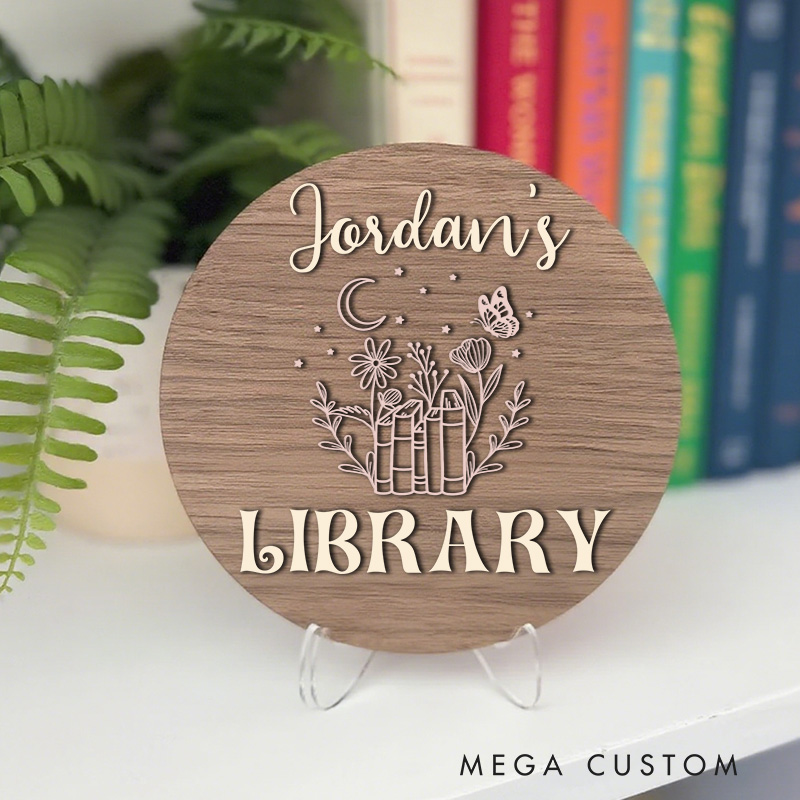Personalized Wooden Flower Book Library Sign Name Bookshelf Decor with Stand Custom Library Sign Book Nook Sign for Book Lover Gift Librarian Gift