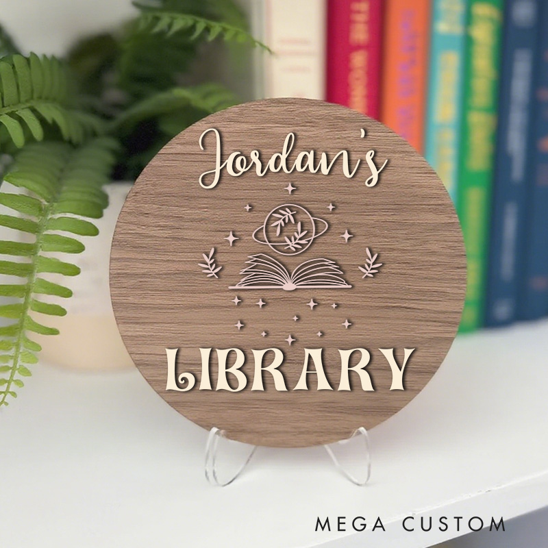 Personalized Planets and Book Library Sign Wooden Name Bookshelf Decor with Stand Library Table Decor Book Nook Sign Book Lover Gift Librarian Gift