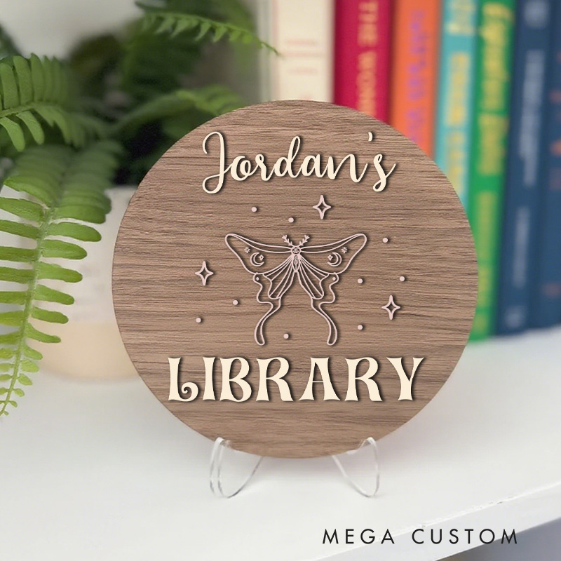 Personalized Butterfly Library Sign Wooden Name Library Table Decor Bookshelf Decor with Stand Book Nook Sign Book Lover Gift Librarian Gift