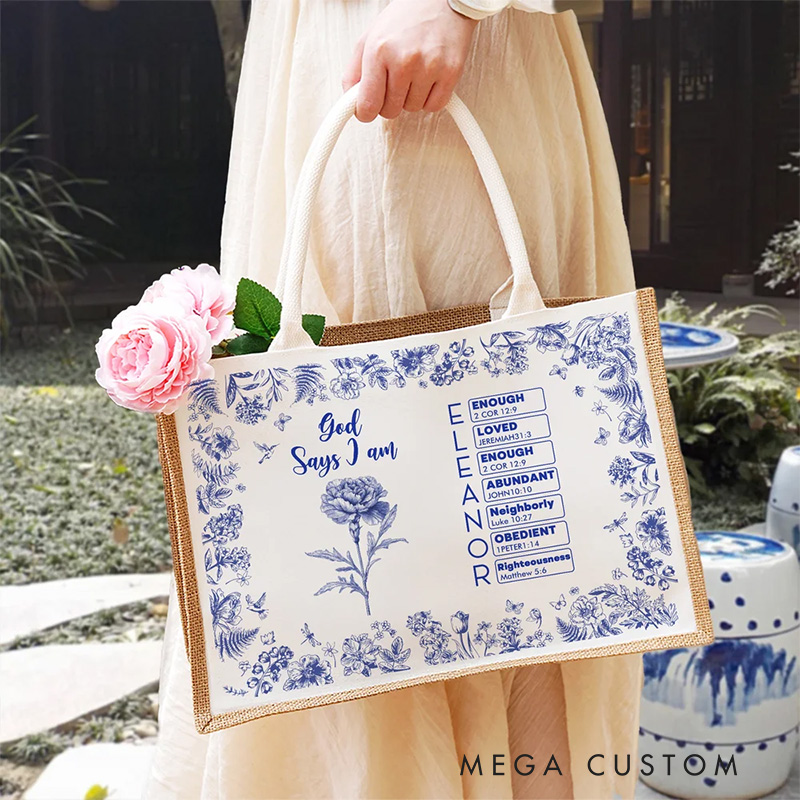 Personalized Toile De Jouy Birth Flower Bible Chapter Name Large Capacity Jute Tote Bag Baptism Birthday Christmas Gift for Women Christians