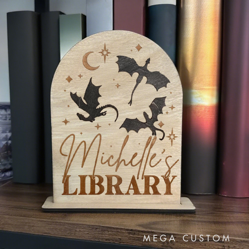Personalized Dragon Library Sign Wooden Name Library Table Decor Bookshelf Decor with Stand Bookish Decor Fantasy Book Lover Gift Librarian Gift