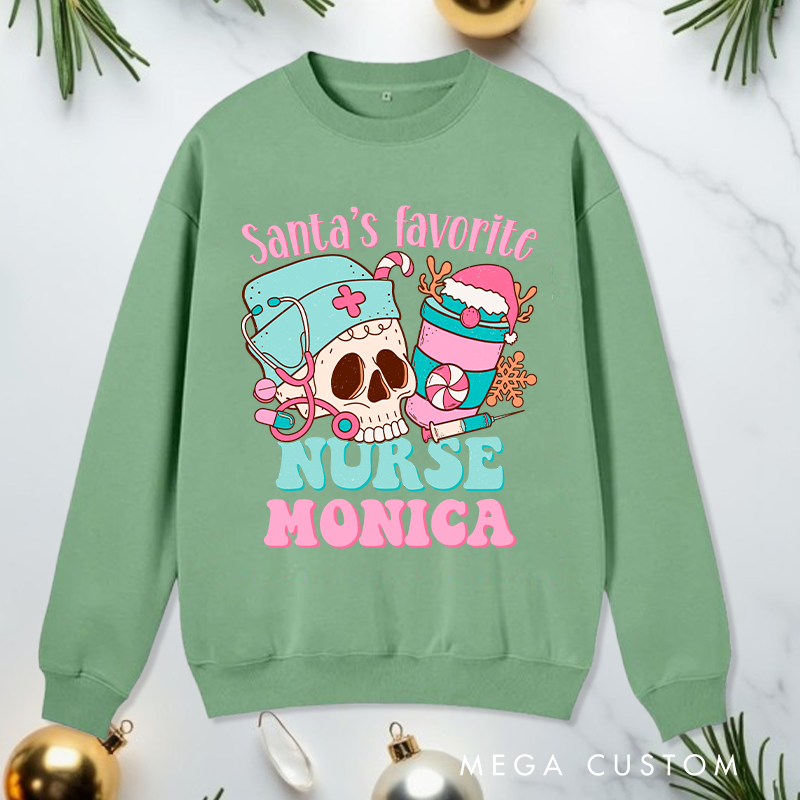 Personalized Nurse Sweatshirt Customized Santa's Favorite Nurse Design Sweatshirt Nurse Christmas Gifts 