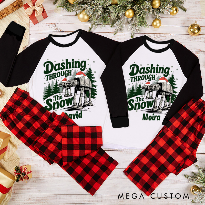 Personalized Dashing Through the Snow Christmas Pajamas Funny Xmas Couples Pajamas Christmas Gift for Geek Sci-Fi Lover