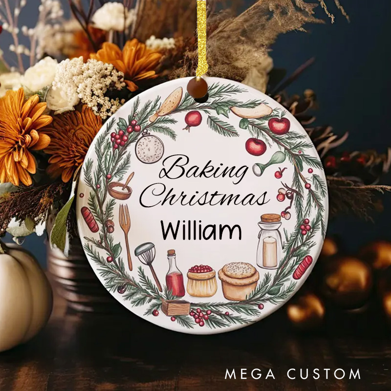 Personalized Ceramic Baking Wreath Christmas Ornament Custom Baker Ornament with Name Kitchen Decor for Baking Lover Gift Holiday Decor
