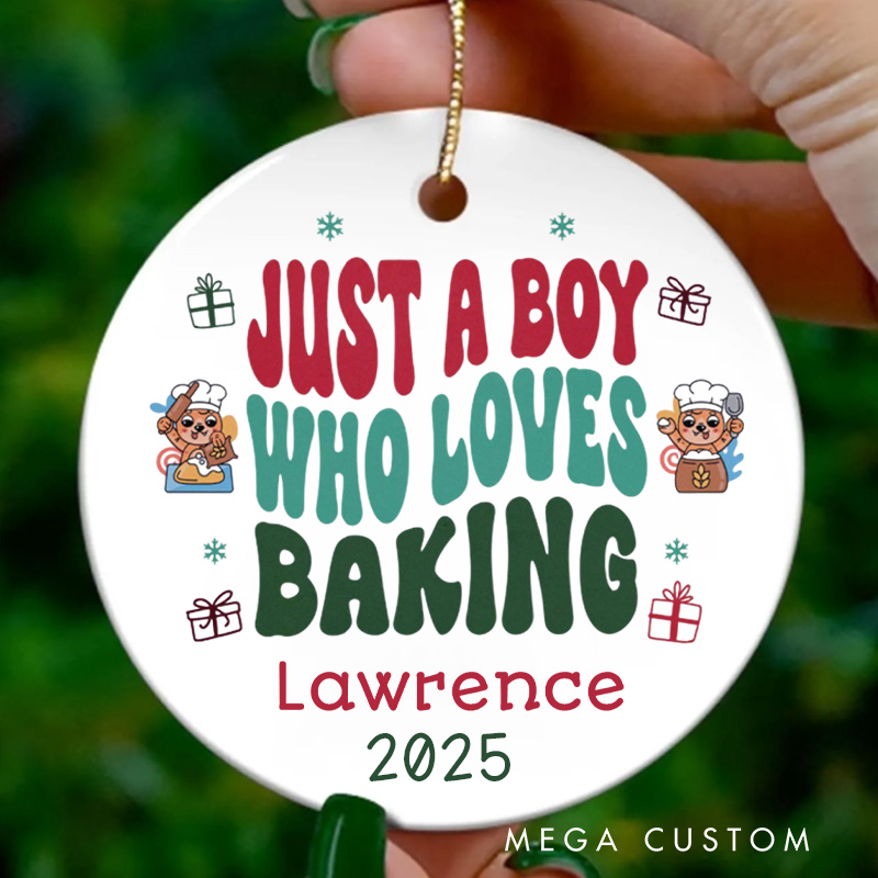 Personalized Just a Boy Who Loves Baking Christmas Ornament Custom Young Baker Ornament with Name Holiday Decor for Baking Lover Gift