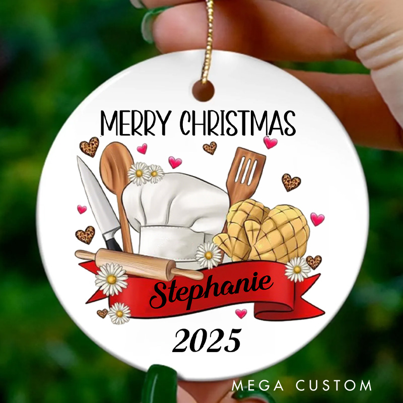 Personalized Merry Christmas Ornament Baking Ornament Ceramic Baker Ornament with Name Holiday Decor for Baking Lover Gift