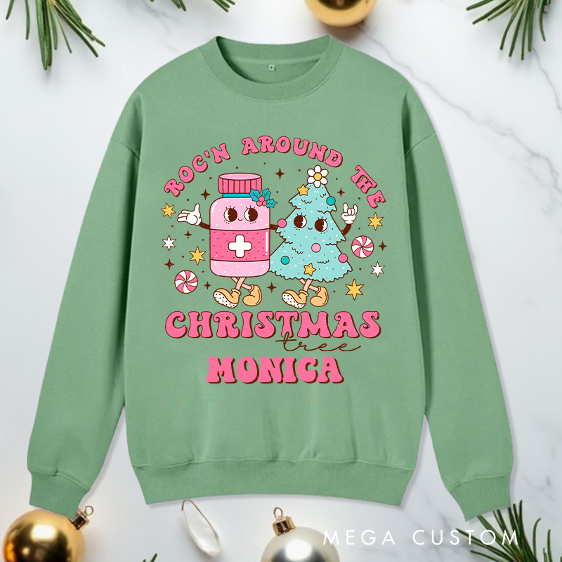 Personalized Nurse Sweatshirt Customized Rock'n Around the Christmas Tree Design Sweatshirt Nurse Christmas Gifts 