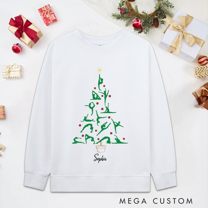 Personalized Christmas Yoga Classic Ugly Sweatshirts with Festive Tree and Yoga Poses Design Perfect for Yoga Lover and Holiday Gift