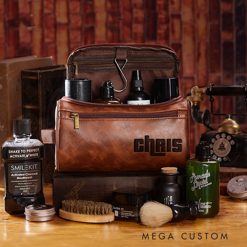 Personalized Game Inspired Leather Dopp Kit Gamer Mens Leather Toiletry Bag Engraved Dopp Bag Gift For Men