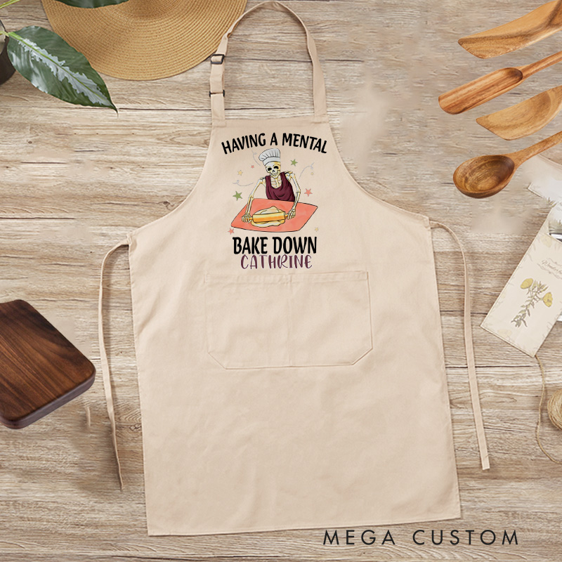 Personalized Having a Mental Bake Down Aprons Skeleton Baker Apron with Name Halloween Baking Apron for Baking Lover Gift