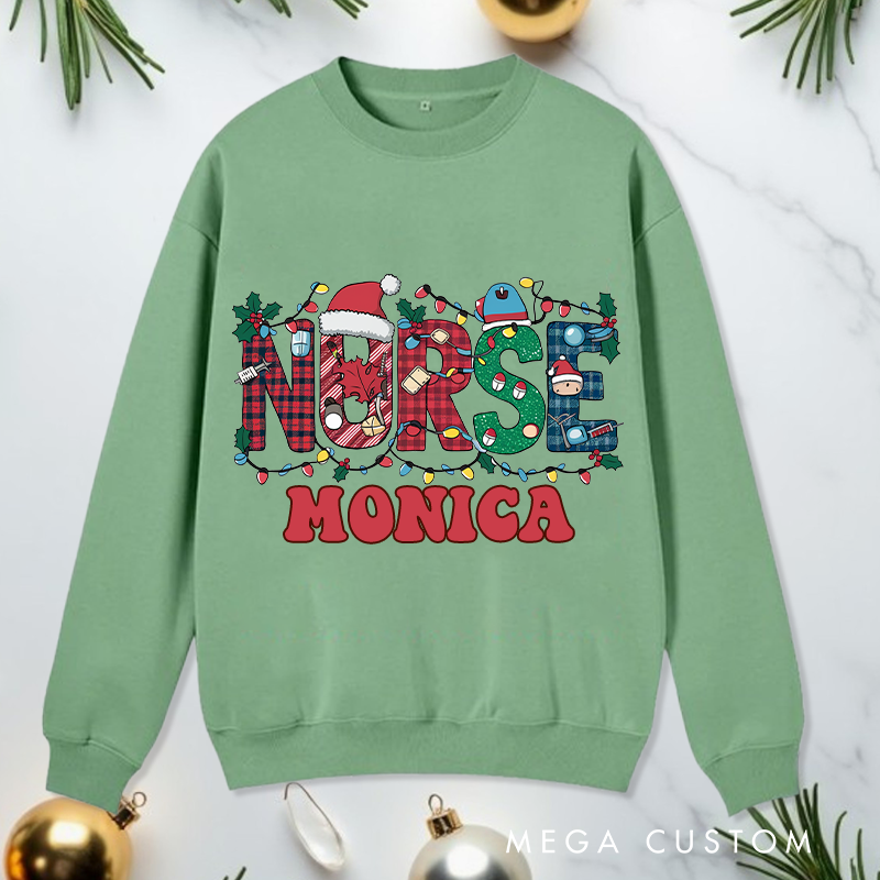 Personalized Nurse Sweatshirt Customized Festive Nurse Christmas Lights Design Sweatshirt Nurse Christmas Gifts 