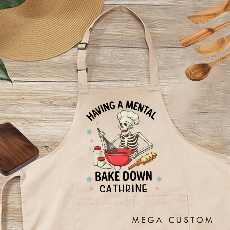 Personalized Having a Mental Bake Down Aprons  Skeleton Baking Apron with Name Halloween Baker Apron for Baking Lover Gift
