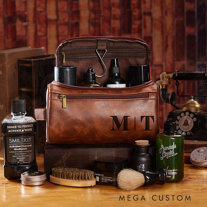 Personalized Classic American Graphic Leather Dopp Kit Art Lover Mens Leather Toiletry Bag Engraved Dopp Bag Gift For Men