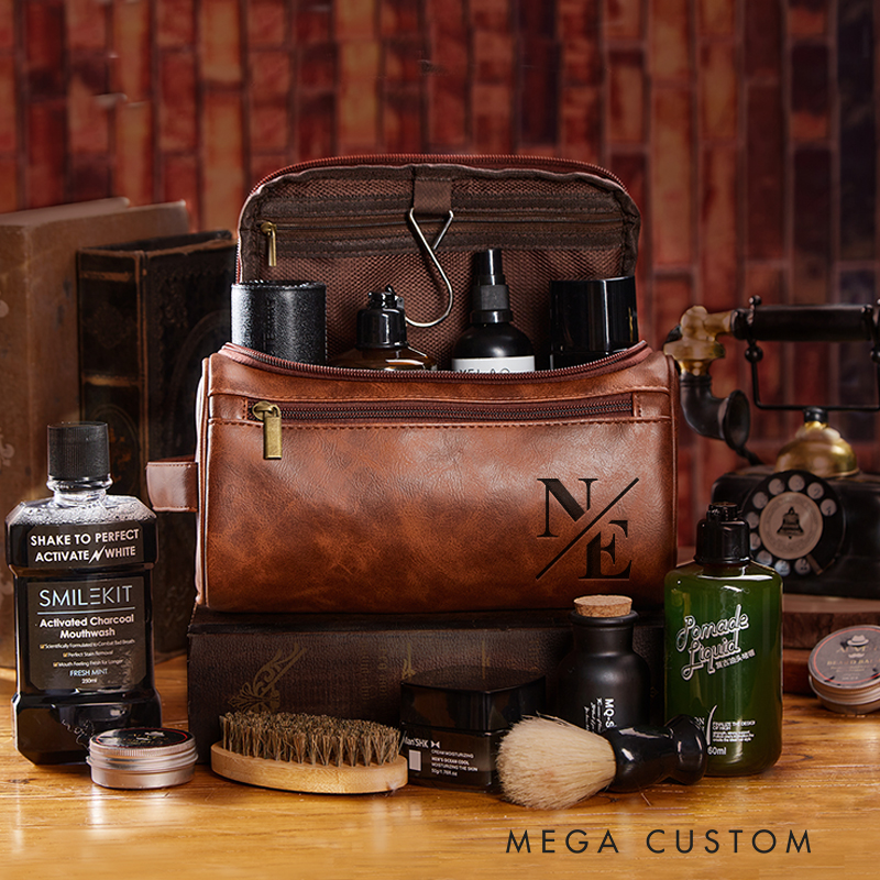 Personalized Classic Modern Graphic Leather Dopp Kit Art Lover Mens Leather Toiletry Bag Engraved Dopp Bag Gift For Men
