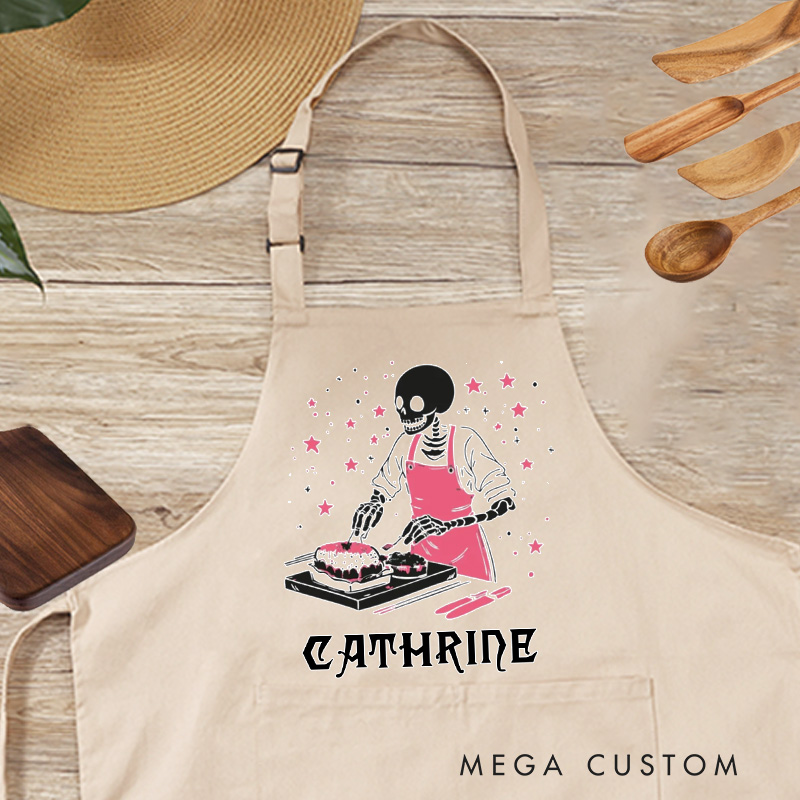 Personalized Skeleton Baking Aprons Pastel Creepy Baker Apron Halloween Spooky Skeleton Apron with Pocket for Baking Lover Gift