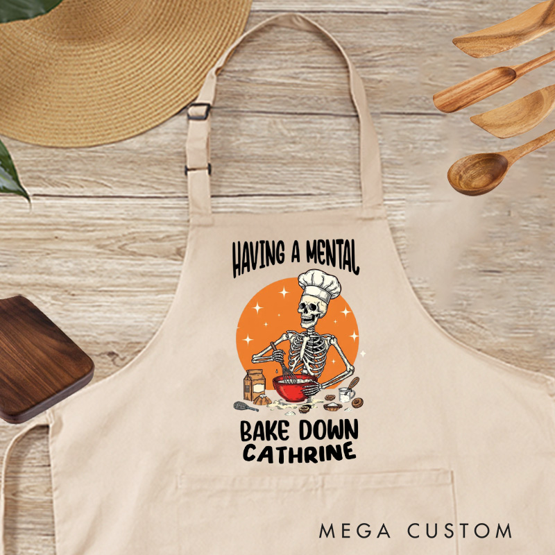 Personalized Having a Mental Bake Down Halloween Skeleton Apron with Pocket Kitchen Gift For Bakers with Name Baking Lover Gift