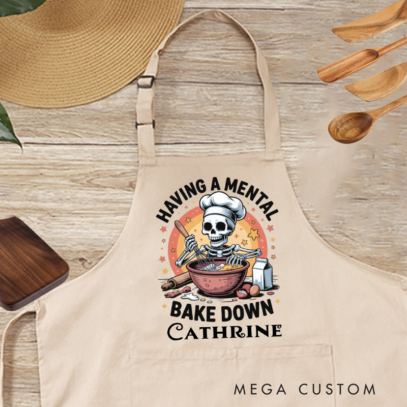 Personalized Having a Mental Bake Down Skeleton Apron Halloween Skeleton Baker with Pocket Kitchen Gift For Bakers Baking Lover Gift