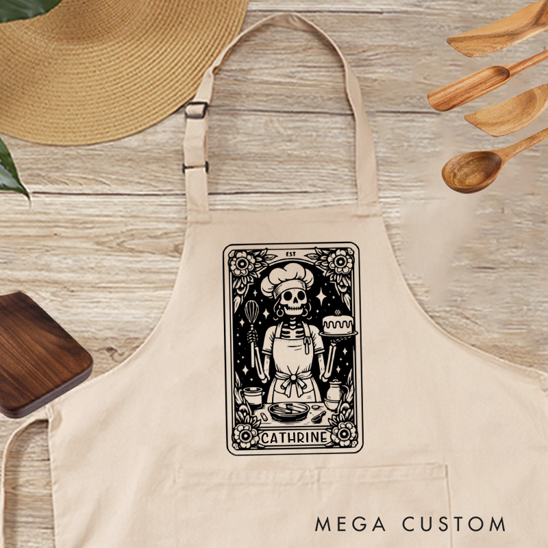 Personalized Skeleton Baker Tarot Apron Halloween Gothic Spooky Baker with Pocket Kitchen Gift For Bakers Baking Lover Gift