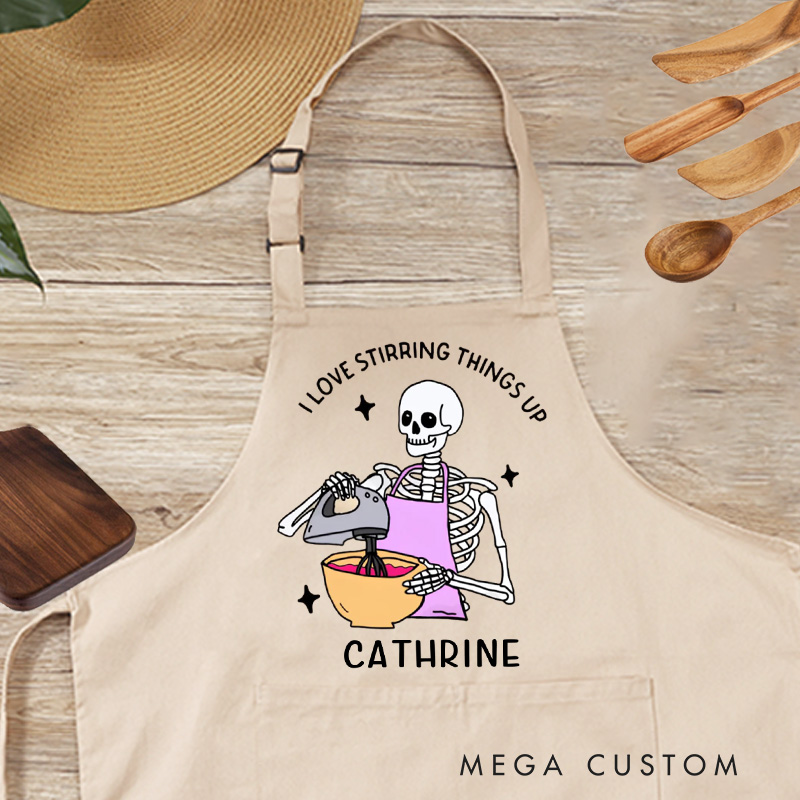 Personalized I Love Stirring Things Up Apron Halloween Skeleton Baker Apron with Pocket Kitchen Gift For Bakers Baking Lover Gift