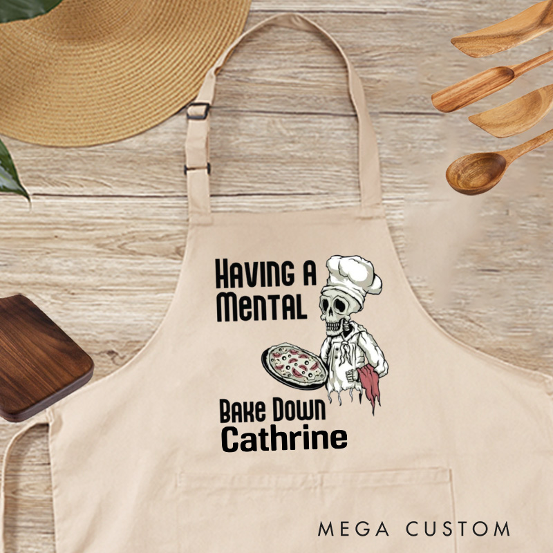 Personalized Having a Mental Bake Down Apron Halloween Skeleton Baker Apron with Name Halloween Baking Apron for Baking Lover Gift