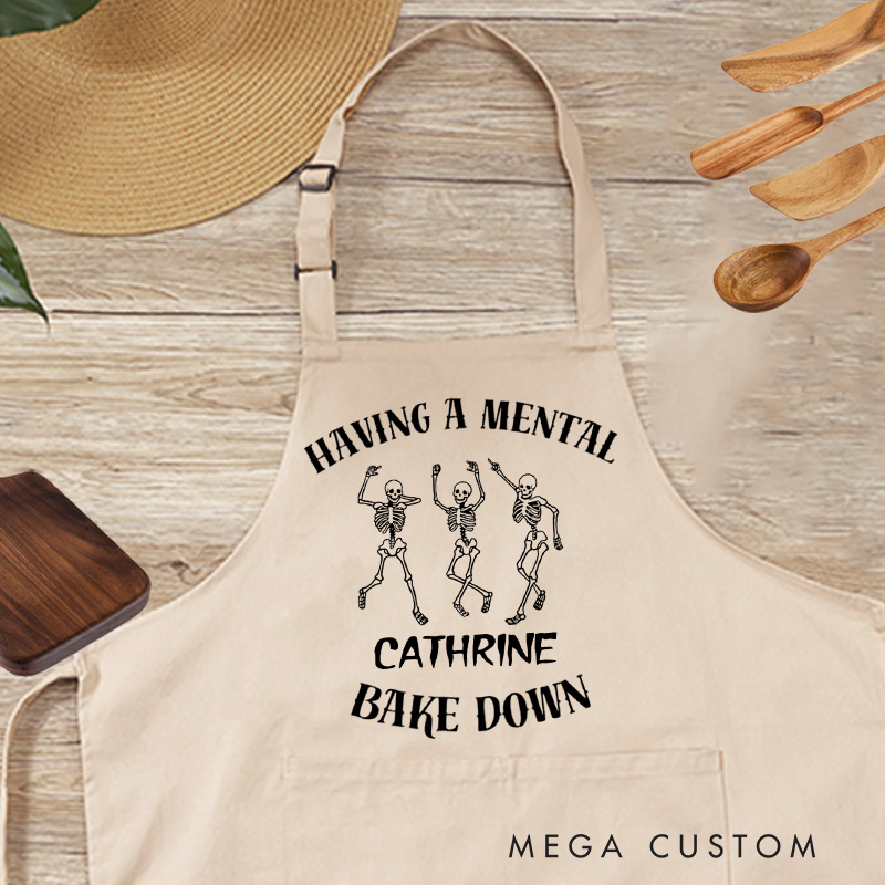 Personalized Mental Bake Down Apron Halloween Skeleton Baker Apron with Name Spooky Baking Apron for Baking Lover Gift