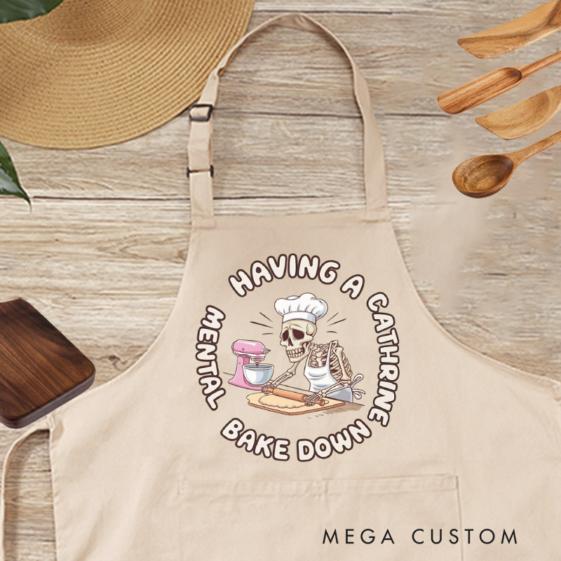 Personalized Having a Mental Bake Down Apron Halloween Skeleton Baker Apron Spooky Baking Apron with Name for Baking Lover Gift