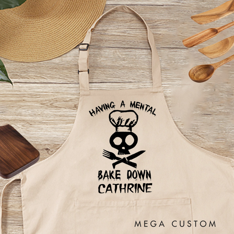 Personalized Having a Mental Bake Down Halloween Apron Skeleton Baker Apron Spooky Custom Baking Apron with Name for Baking Lover Gift