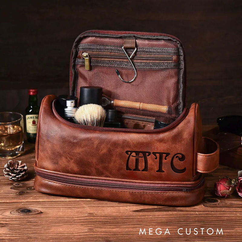 Personalized Art Nouveau Graphic Hanging Leather Dopp Kit Art Lover Mens Leather Toiletry Bag Engraved Dopp Bag Gift For Men