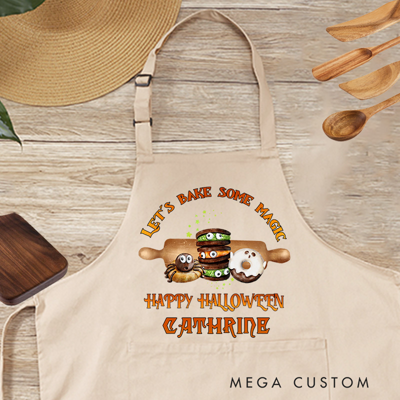 Personalized Let's Bake Some Magic Apron Happy Halloween Apron Custom Spooky Baking Apron with Name for Baking Lover Gift