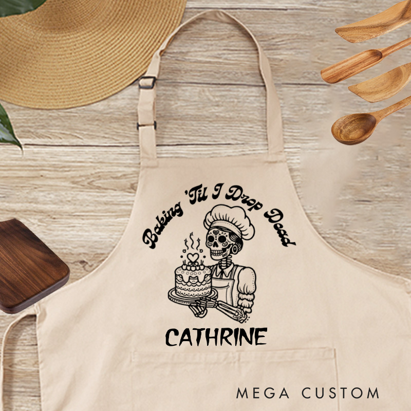 Personalized Baking Til I Drop Dead Apron Custom Halloween Skeleton Apron with Name Spooky Baking Apron for Baking Lover Gift