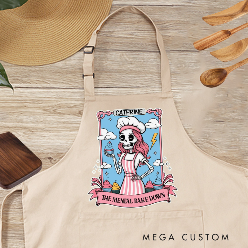 Personalized the Mental Bake Down Apron Custom Skeleton Apron with Name Halloween Spooky Baking Apron for Baking Lover Gift