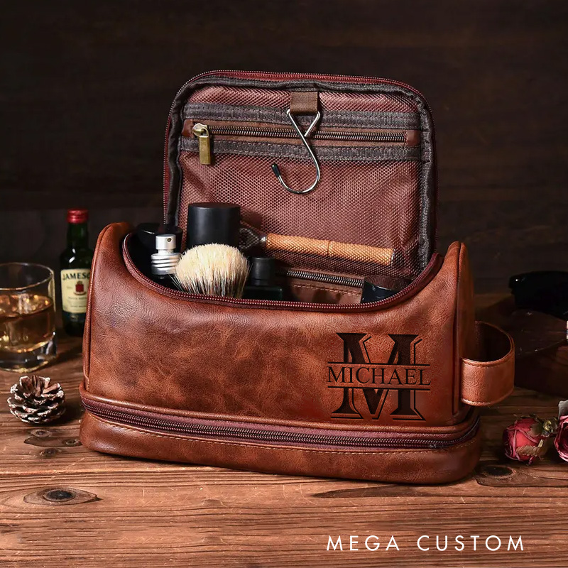 Personalized Classic British Graphic Hanging Leather Dopp Kit Art Lover Mens Leather Toiletry Bag Engraved Dopp Bag Gift For Men