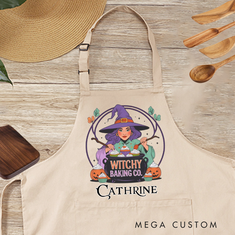 Personalized Witchy Baking Apron Custom Witchy Baker Apron with Name Halloween Apron with Pocket for Baking Lover Gift