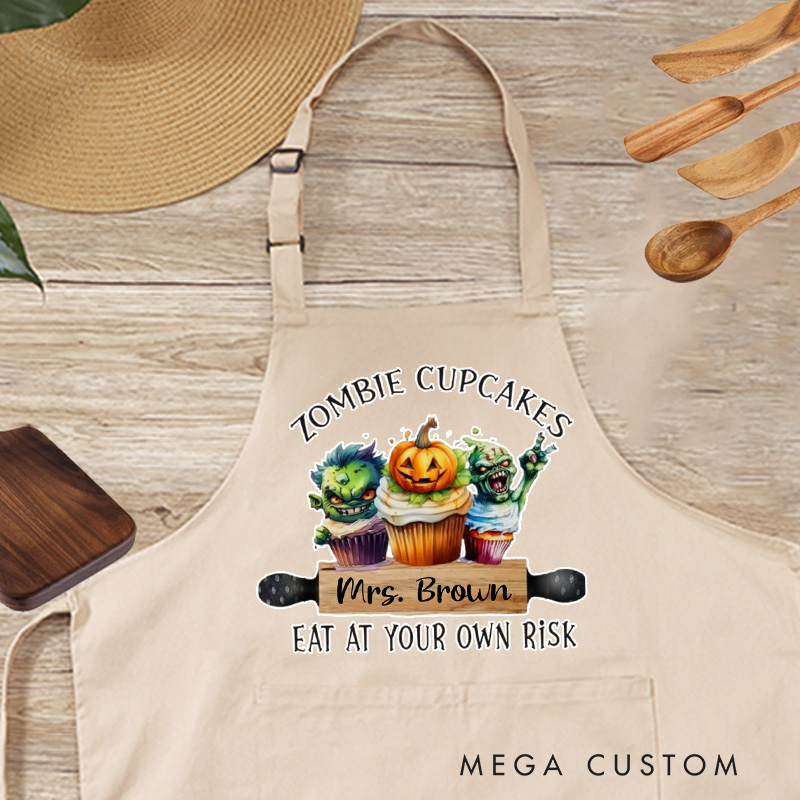 Personalized Welcome to My Kitchen Apron Custom Zombie Cupcakes Baker Apron with Name Halloween Horror Apron with Pocket for Baking Lover Gift