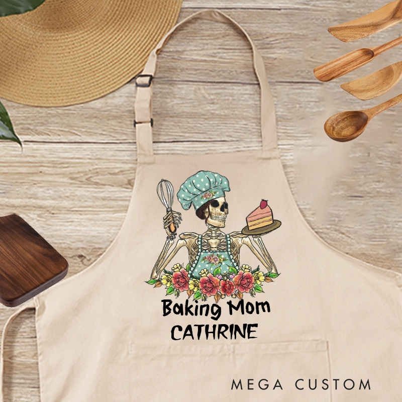 Personalized Skeleton Mom Apron Custom Baking Mom Apron with Name Halloween Skeleton Baking Apron with Pocket for Baking Lover Gift