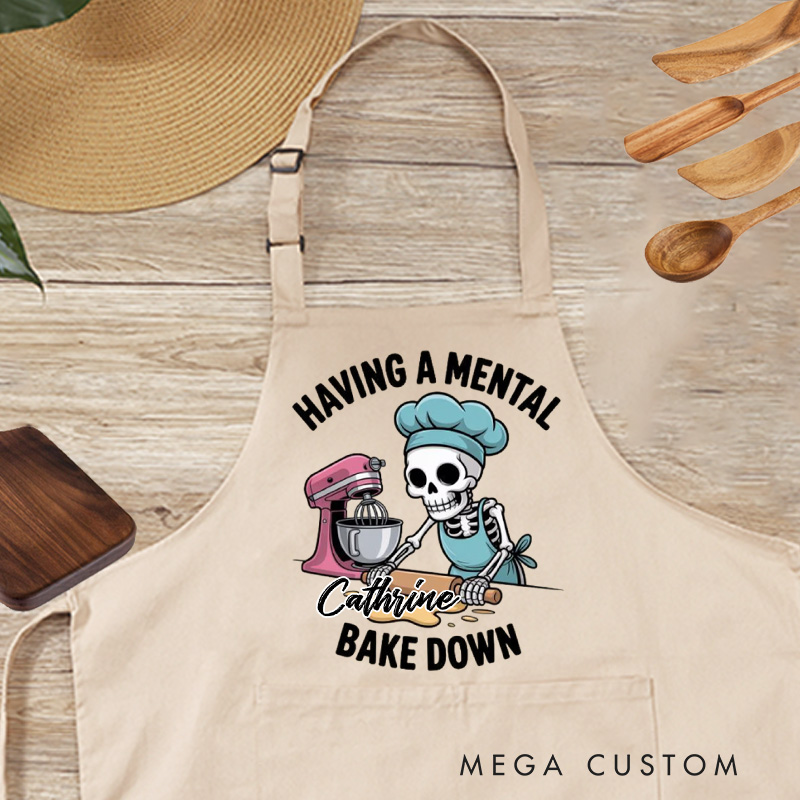 Personalized Having a Mental Bake Down Skeleton Baking Apron Baker Apron with Name Halloween Apron with Pocket for Baking Lover Gift