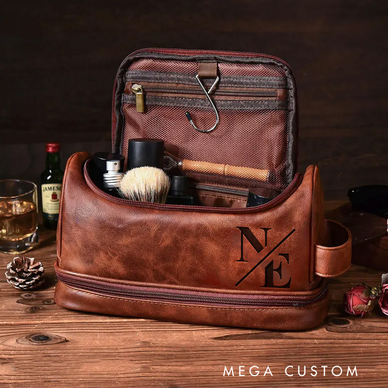 Personalized Classic Modern Graphic Hanging Leather Dopp Kit Art Lover Mens Leather Toiletry Bag Engraved Dopp Bag Gift For Men