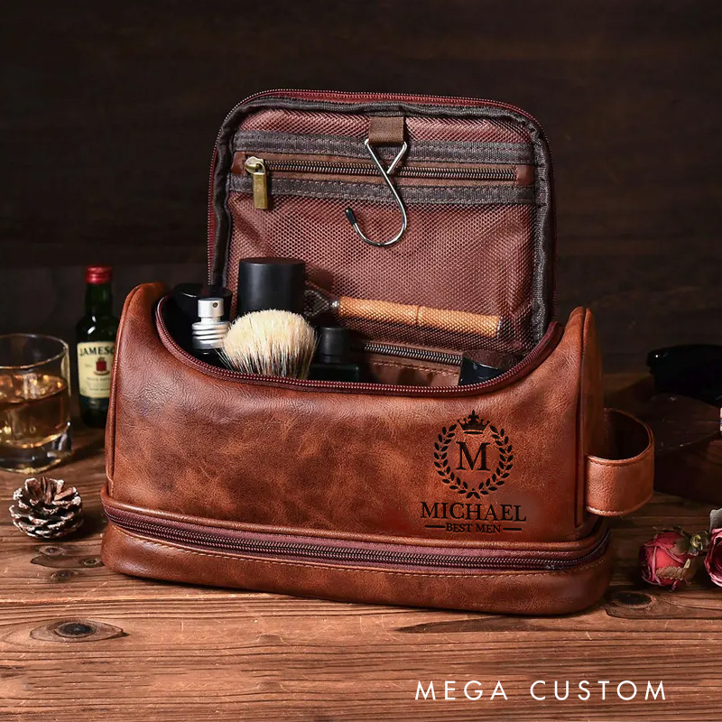 Personalized Barocco Graphic Hanging Leather Dopp Kit Art Lover Mens Leather Toiletry Bag Engraved Dopp Bag Gift For Men