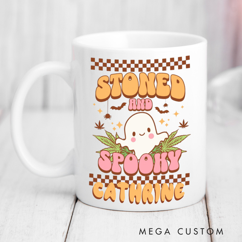 Personalized Stoned and Spooky Mugs Halloween Ceramic Mug with Name Ghost and Pumpkin Coffee Mug for Baking Lover Gift